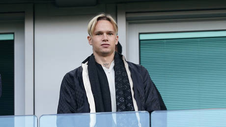 Chelsea new signing Mykhailo Mudryk in the stands ahead of the Premier League match at Stamford Bridge, London.