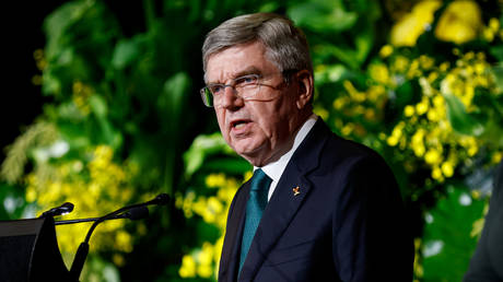 FILE PHOTO. Thomas Bach speaks during the John Coates Celebration Dinner at Sofitel Hotel in Sydney, Australia.