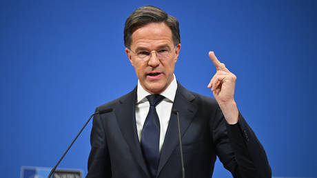 NATO Secretary-General Mark Rutte speaks during a press conference at NATO headquarters in Brussels, Belgium on February 12, 2025.