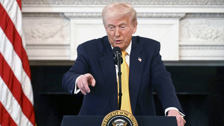 US President Donald Trump speaks at the Governors Working Session in the State Dining Room of the White House in Washington, Friday, Feb. 21, 2025.