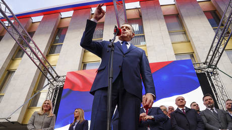 Bosnian Serb President Milorad Dodik speaks during a rally on the eve of a scheduled court verdict in the Bosnian town of Banja Luka, 240 kms northwest of Sarajevo, February 25, 2025.