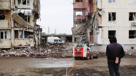 FILE PHOTO: A partially collapsed building in Belgorod, Russia, May 2024.