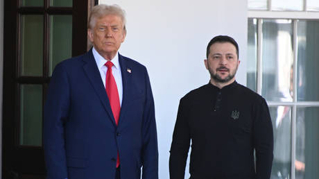 US President Donald Trump greets Ukrainian president Volodymyr Zelensky as he arrives at the White House.