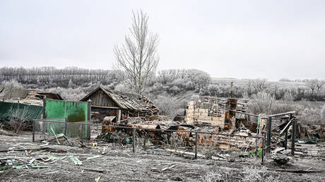 FILE PHOTO: Destroyed buildings are seen in the village of Russkoye Porechnoye, Kursk Region, Russia, on FEbruary 4, 2025.