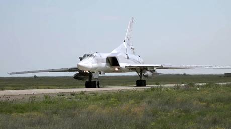 FILE PHOTO: A Russian bomber during a drill in June 2024.