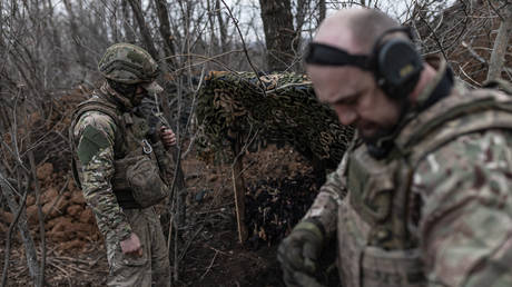 Ukrainian soldiers near the front line in Donbass on March 6, 2025.