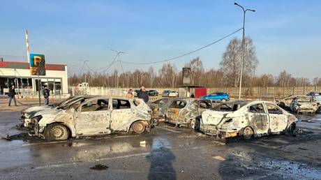 Aftermath of a drone crash at a Miratorg food factory parking lot in Domodedovo